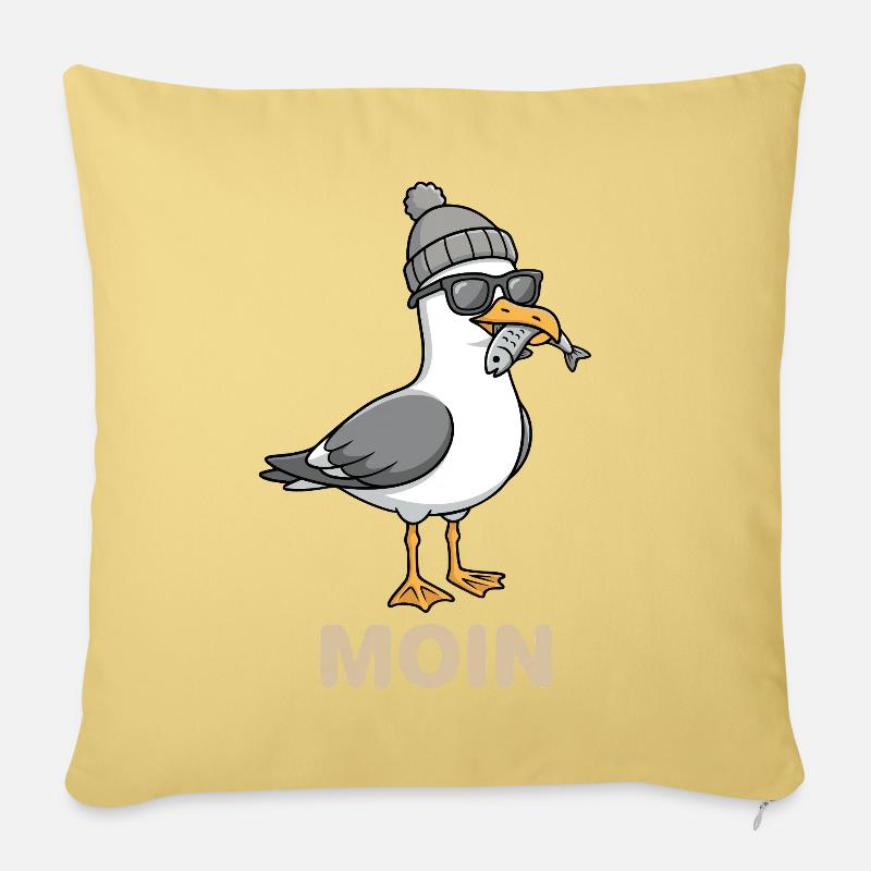 Mouette mouette de la lune avec casquette et poisson dans la bouche - Housse de coussin décorative 45 x 45 cm - jaune délavé