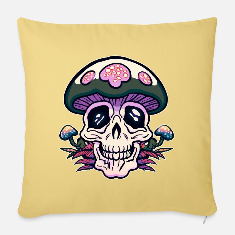 Motif de crâne et champignons - Housse de coussin décorative 45 x 45 cm - jaune délavé