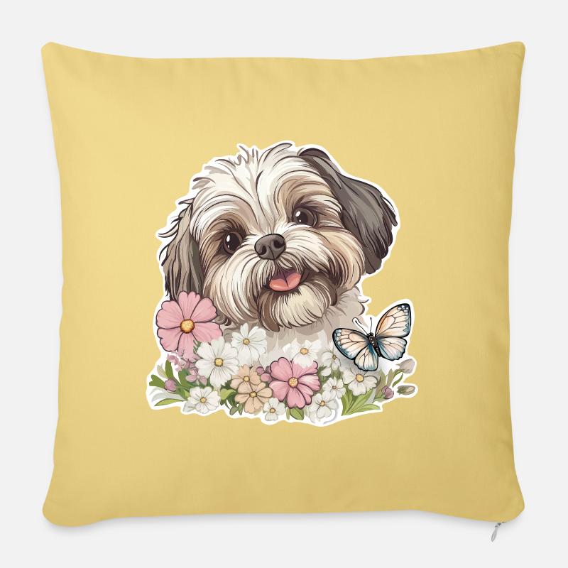 Shih Tzu und Schmetterling - Sofakissenbezug 45 x 45 cm - Hellgelb