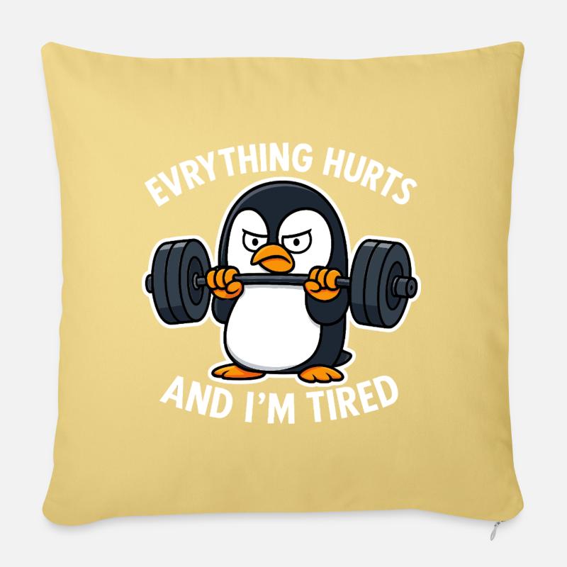 Grumpy Penguin Lifting Weights - Housse de coussin décorative 45 x 45 cm - jaune délavé