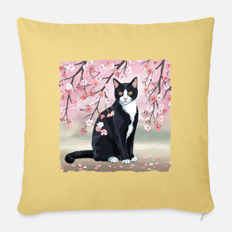 Chat en fleur de cerisier : Fleurs de Sakura roses, Chat noir - Housse de coussin décorative 45 x 45 cm - jaune délavé
