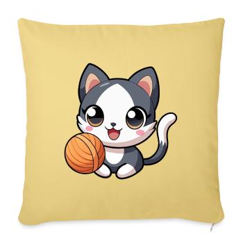Chaton kawaii noir et blanc avec pelote - Housse de coussin décorative 45 x 45 cm - jaune délavé - Devant