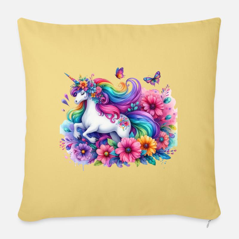 Licorne florale arc-en-ciel - Housse de coussin décorative 45 x 45 cm - jaune délavé