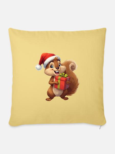 Weihnachts-Eichhörnchen mit Geschenk - Sofakissenbezug 45 x 45 cm - Hellgelb