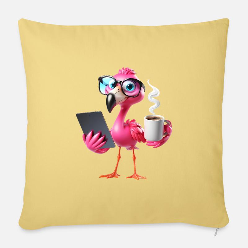 Flamingo im Büro mit Tablet & Kaffee - Sofakissenbezug 45 x 45 cm - Hellgelb