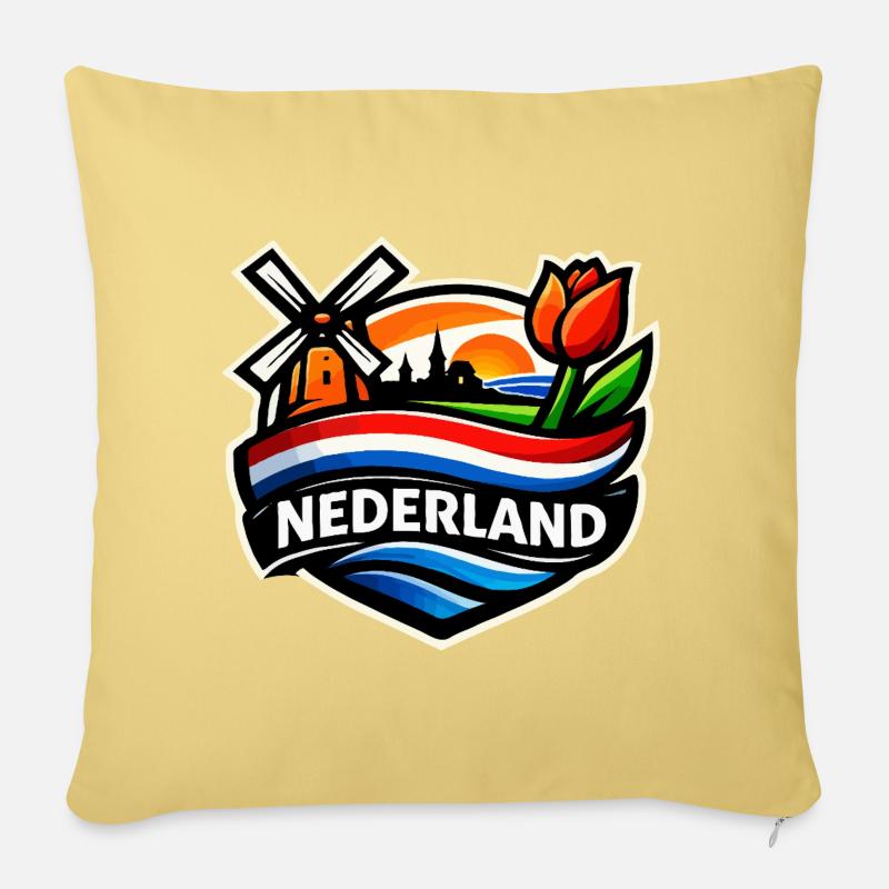 Lever de soleil hollandais avec tulipes moulin à vent - Housse de coussin décorative 45 x 45 cm - jaune délavé