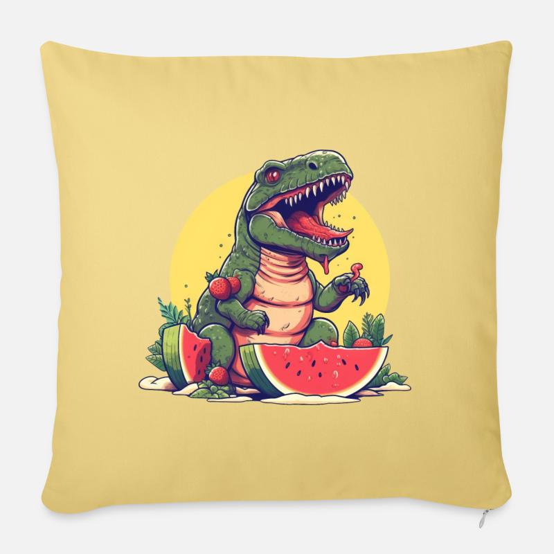Dino T-Rex mit Melone und Erdbeere - Sunset Design - Sofakissenbezug 45 x 45 cm - Hellgelb