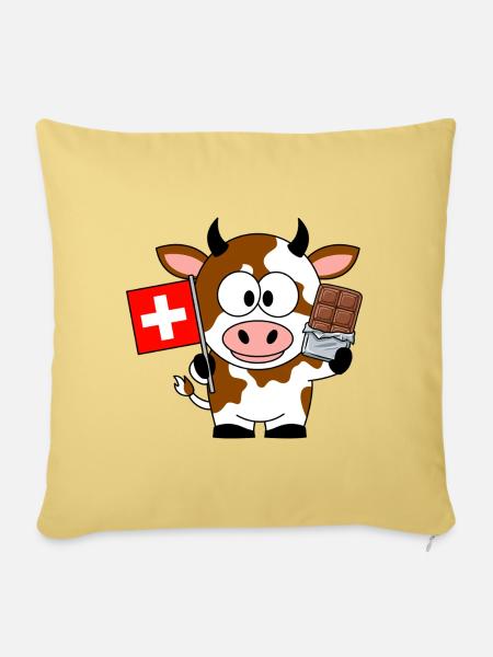 Schweizer Kuh mit Flagge und Schokolade - Sofakissenbezug 45 x 45 cm - Hellgelb