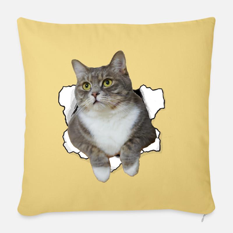 Süße Katze guckt aus Loch - Witziges Katzendesign - Sofakissenbezug 45 x 45 cm - Hellgelb