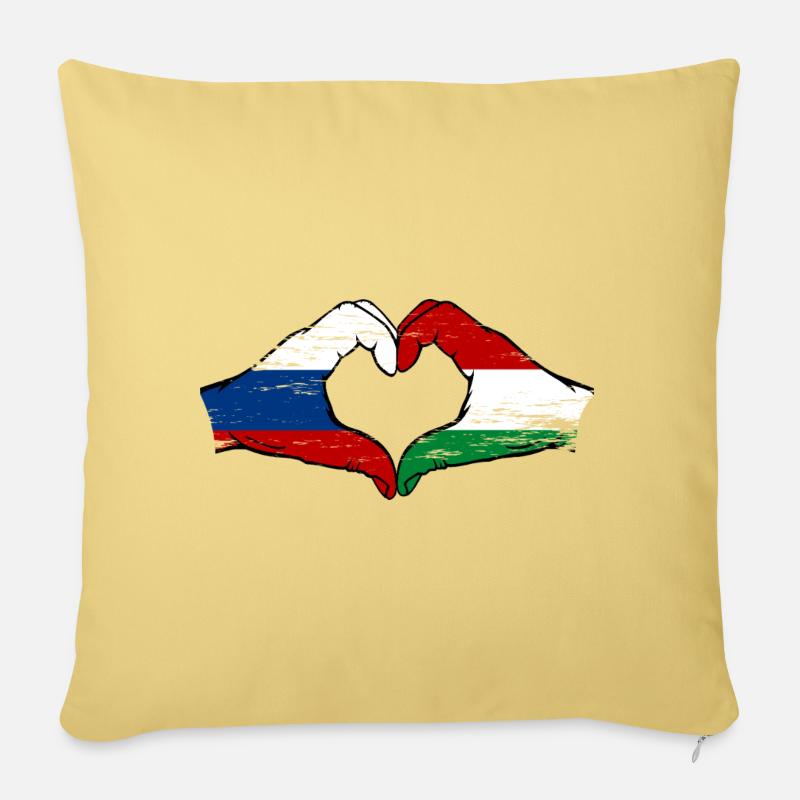 Drapeau russe Hongrie Mains Forme de cœur utilisé - Housse de coussin décorative 45 x 45 cm - jaune délavé