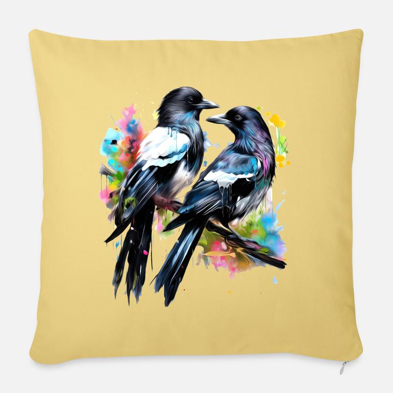 Deux pies peintes - Housse de coussin décorative 45 x 45 cm - jaune délavé
