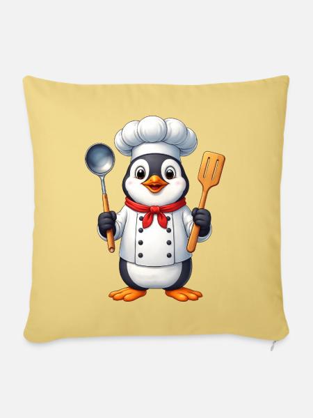 Süßer Cartoon Pinguin Koch beim Kochen Essen - Sofakissenbezug 45 x 45 cm - Hellgelb
