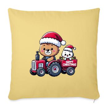 Teddy als Weihnachtsmann mit Traktor und Katze - Sofakissenbezug 45 x 45 cm - Hellgelb - Vorne