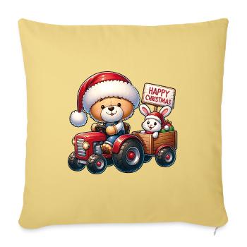Weihnachts Teddy und süßer Hase im Traktor - Sofakissenbezug 45 x 45 cm - Hellgelb - Vorne