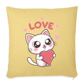 Chat mignon cœur Love kawaii - Housse de coussin décorative 45 x 45 cm - jaune délavé - Devant