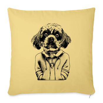 Petit chien aux grands yeux dans son sweat à capuche. - Housse de coussin décorative 45 x 45 cm - jaune délavé - Devant