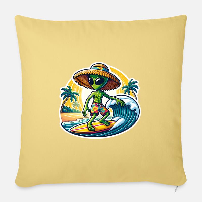 Funny little alien on surfboard - Sofa pillowcase 17,3'' x 17,3'' (45 x 45 cm) - washed yellow