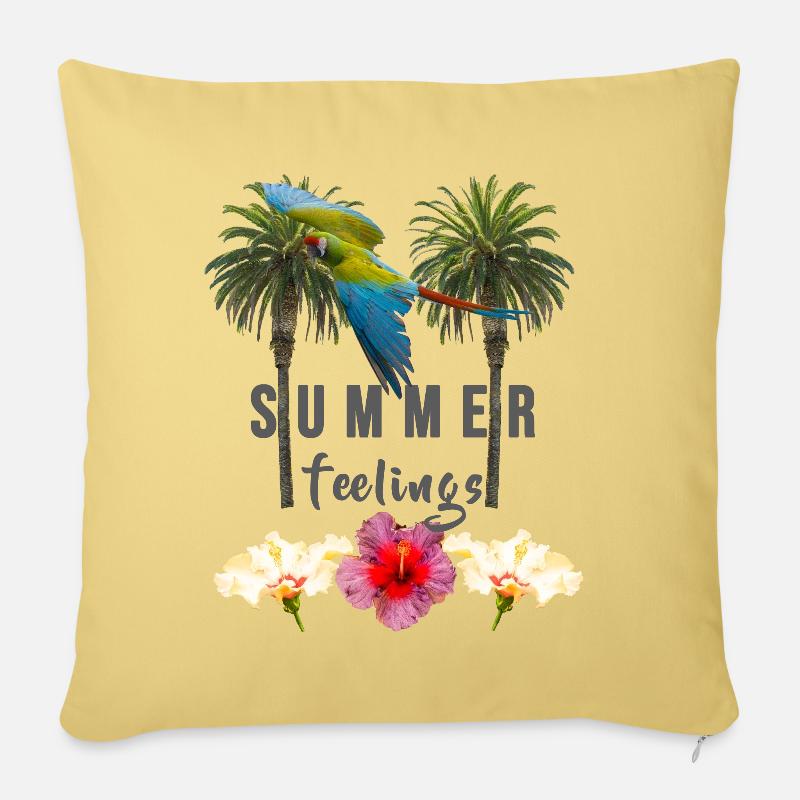 Sommergefühle, Palmen Hibiskus Blumen Papagei grau - Sofakissenbezug 45 x 45 cm - Hellgelb