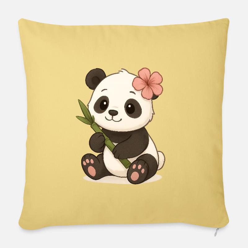 Niedlicher Pandabär mit Hibiskusblatt - Sofakissenbezug 45 x 45 cm - Hellgelb