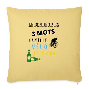 Bonheur en 3 mots famille vélo apéro cadeau - Housse de coussin décorative 45 x 45 cm - jaune délavé - Devant
