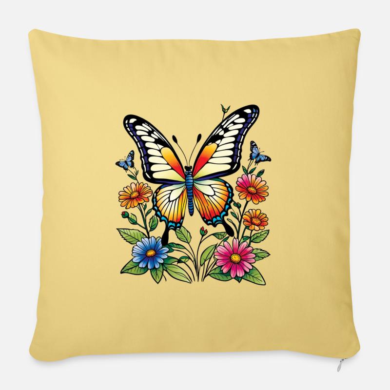 schmetterling mit Buntenblumen, Butterfly - Sofakissenbezug 45 x 45 cm - Hellgelb