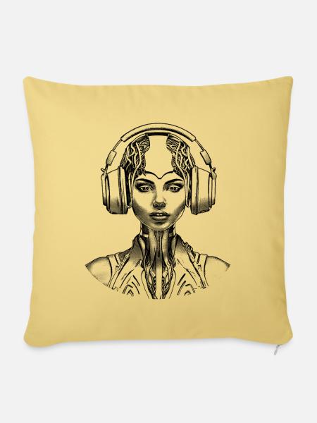 Chemise d’intelligence artificielle : Portrait de femme techno - Housse de coussin décorative 45 x 45 cm - jaune délavé