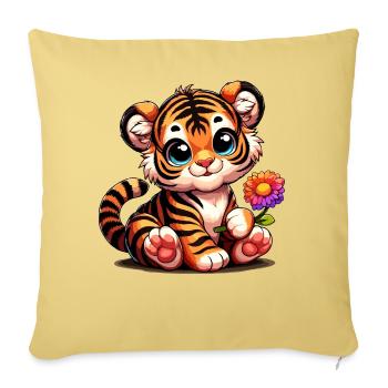 Süßes Tigerbaby mit Blume in der Hand - Sofakissenbezug 45 x 45 cm - Hellgelb - Vorne