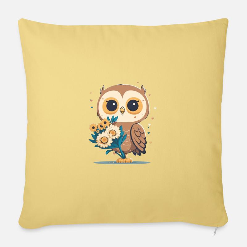 Joli hibou dans la forêt de fleurs 3 - Housse de coussin décorative 45 x 45 cm - jaune délavé