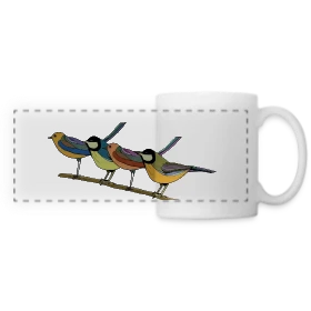 Maquette de Mug panoramique contrasté et blanc « Quatre Oiseaux Colorés » à imprimer et personnaliser
