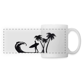 Maquette de Mug panoramique contrasté et blanc « Surfeur Vague Palmiers » à imprimer et personnaliser