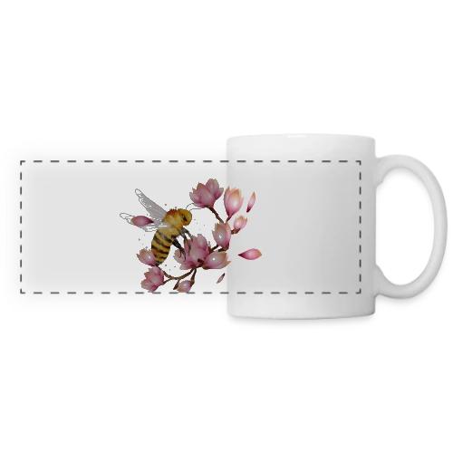 Abeille Volante et Magnolias – Dessin Main Élégant - Mug panoramique contrasté et blanc