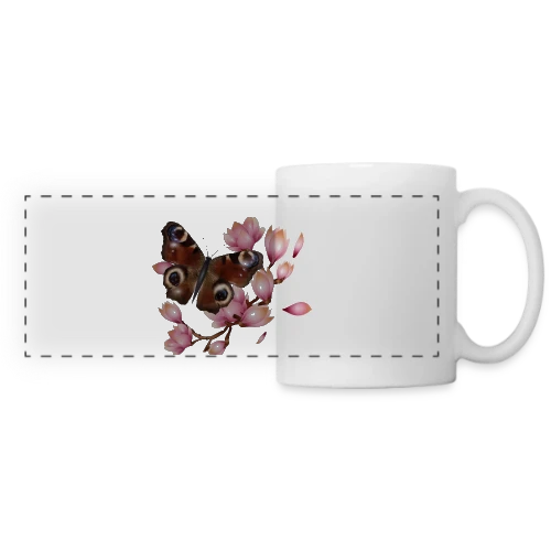 Papillon Paon et Magnolia Rose : Élégance Naturelle - Mug panoramique contrasté et blanc