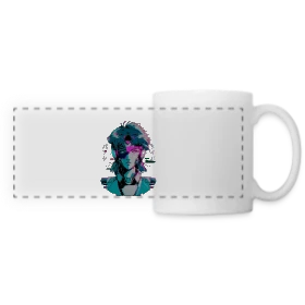 Maquette de Mug panoramique contrasté et blanc « Cyberpunk Anime Girl : Esthétique Glitch Années 80 » à imprimer et personnaliser