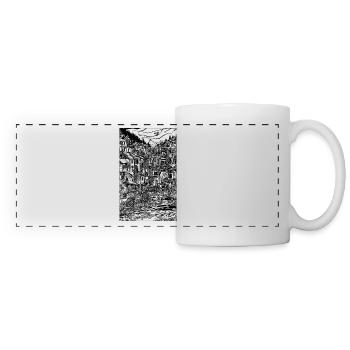 Scène complexe de village à l’encre - Mug panoramique contrasté et blanc - blanc - Devant