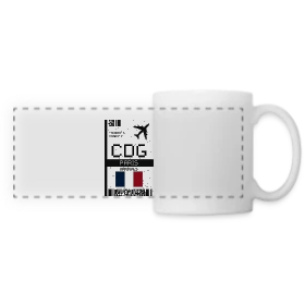 Maquette de Mug panoramique contrasté et blanc « Billet d'Avion Paris CDG » à imprimer et personnaliser