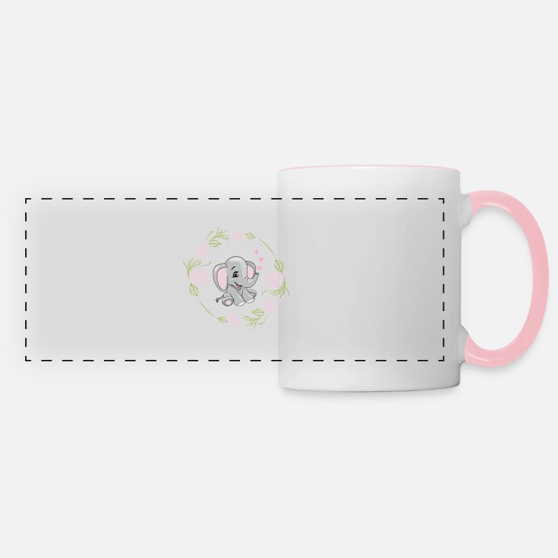 Smiling elephant with hearts in a floral frame - Panoramic Mug - white/pink