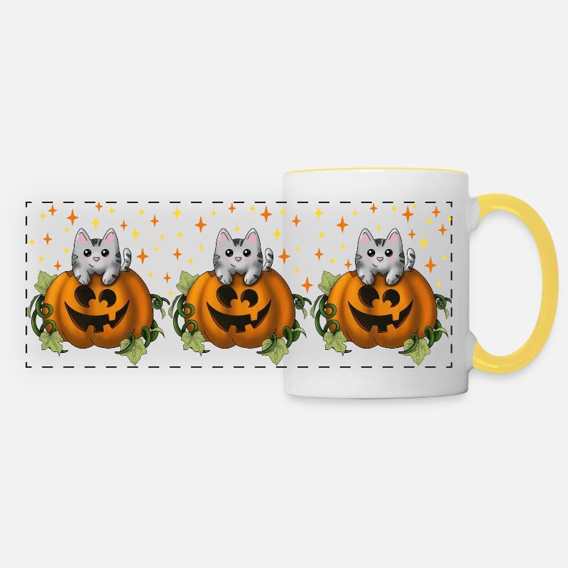 Cat in pumpkin mug motif - Panoramic Mug - white/yellow