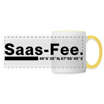 Saas-Fee coordinates Valais Switzerland - Panoramic Mug - white/yellow - Front