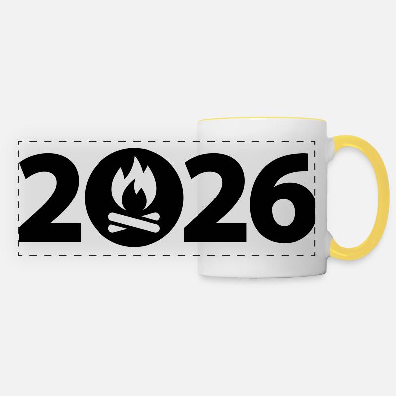 Feu de camp 2026, Camping 2026 - Mug panoramique contrasté et blanc - blanc/jaune