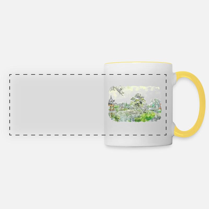 Japan Watercolor Sketch Hand Drawn Illustration - Panoramic Mug - white/yellow