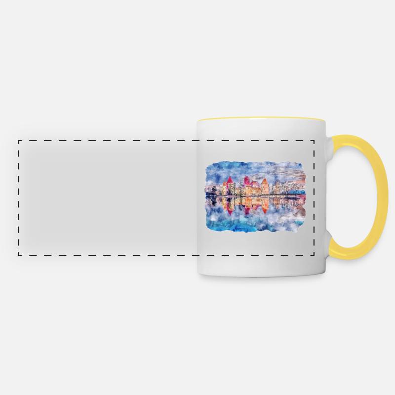 Illustration de l’esquisse à l’aquarelle de monument de Lituanie - Mug panoramique contrasté et blanc - blanc/jaune