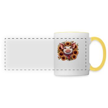 Cochon avec arc et tournesols - Mug panoramique contrasté et blanc - blanc/jaune - Devant