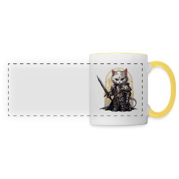 Katze in Ritter Ausrüstung mit Langschwert, AI Gen - Panoramatasse - Weiß/Gelb - Vorne
