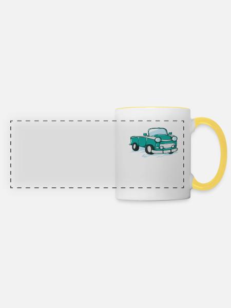 Auto Trabi als Comic - Panoramatasse - Weiß/Gelb