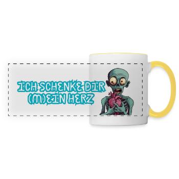 Ich schenke dir mein Herz - Liebe Zombie Romantik - Panoramatasse - Weiß/Gelb - Vorne
