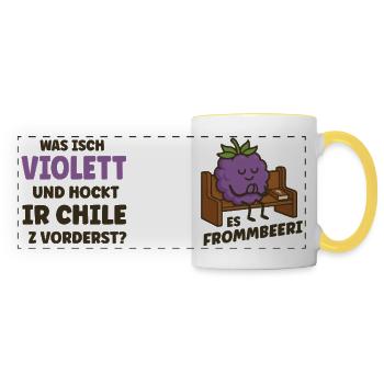 Flachwitz Frommbeeri: Was isch violett und... - Panoramatasse - Weiß/Gelb - Vorne