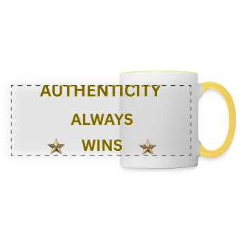 AUTHENTIZITÄT GEWINNT IMMER – Goldenes Motivationszitat - Panoramatasse - Weiß/Gelb - Vorne