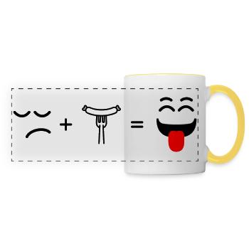 visage triste manger de la saucisse et heureux - Mug panoramique contrasté et blanc - blanc/jaune - Devant