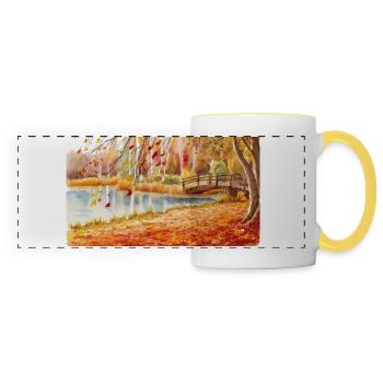 "Golden Autumn Bridge: A Tranquil Journey" - Panoramic Mug - white/yellow - Front