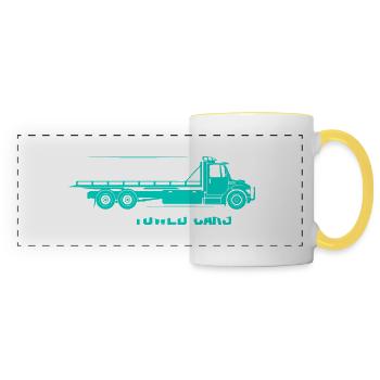 Posez-moi des questions sur les voitures tractées Conducteur de dépanneuse Camionnage - Mug panoramique contrasté et blanc - blanc/jaune - Devant